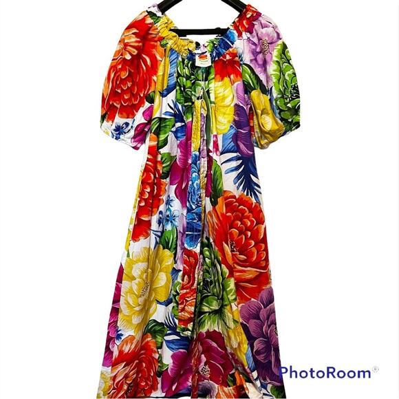 Anthropologie Farm Rio Rainbow Chita Off Shoulder Maxi Dress Small puff sleeve - Picture 2 of 8